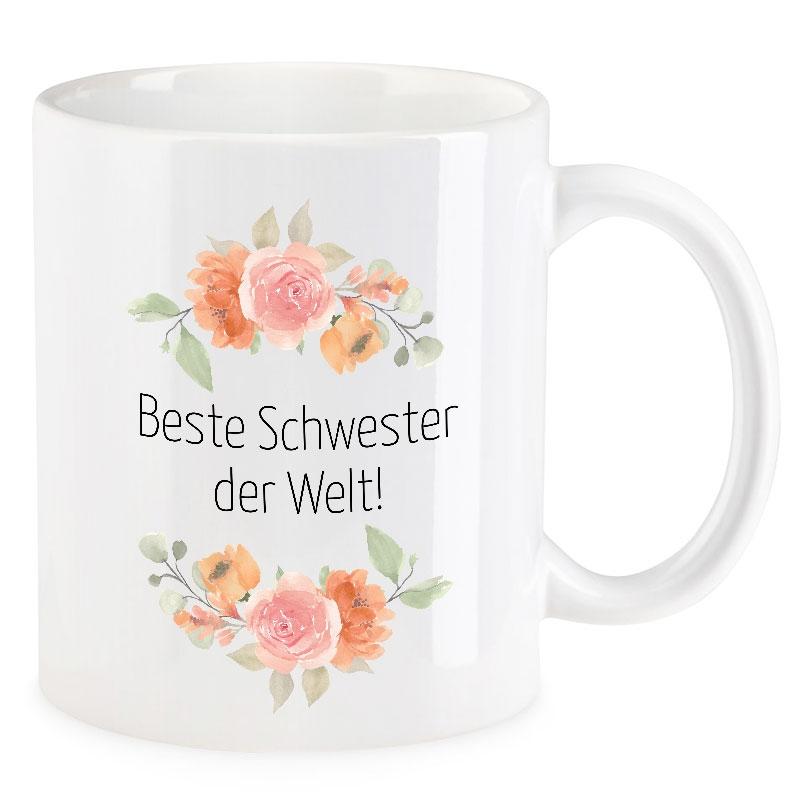VIP-LASER Kaffee-Tasse Blütendekor mit Spruch | Beste Schwester der Welt!