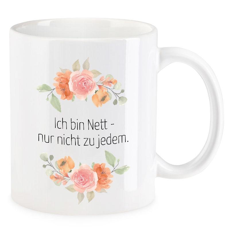 VIP-LASER Kaffee-Tasse Blütendekor mit witzigem Spruch | Ich bin Nett - nur nicht zu jedem.