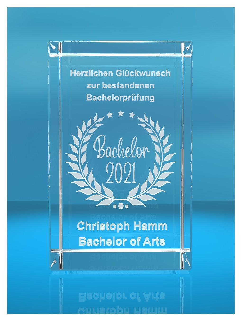 3D Glasquader   Bachelor + Jahreszahl   Glückwunsch mit Wunschtext   Geschenk zur Bachelorprüfung