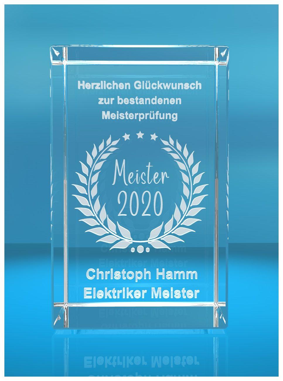 3D Glasquader   Meister 2020   Glückwunsch mit Wunschtext   Geschenk zur Meisterprüfung