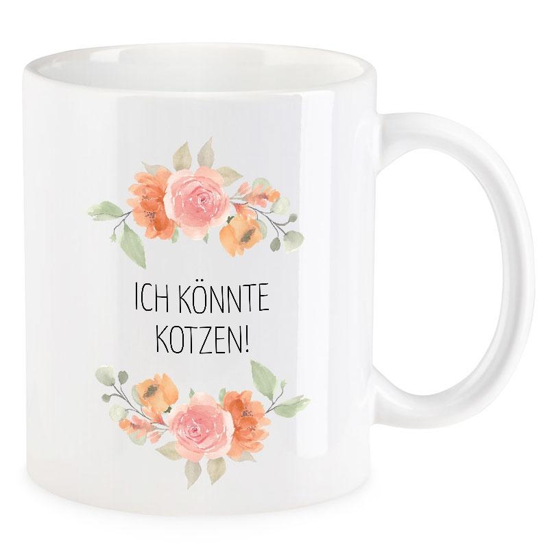 VIP-LASER Kaffee-Tasse Blütendekor mit witzigem Spruch | Ich könnte kotzen!