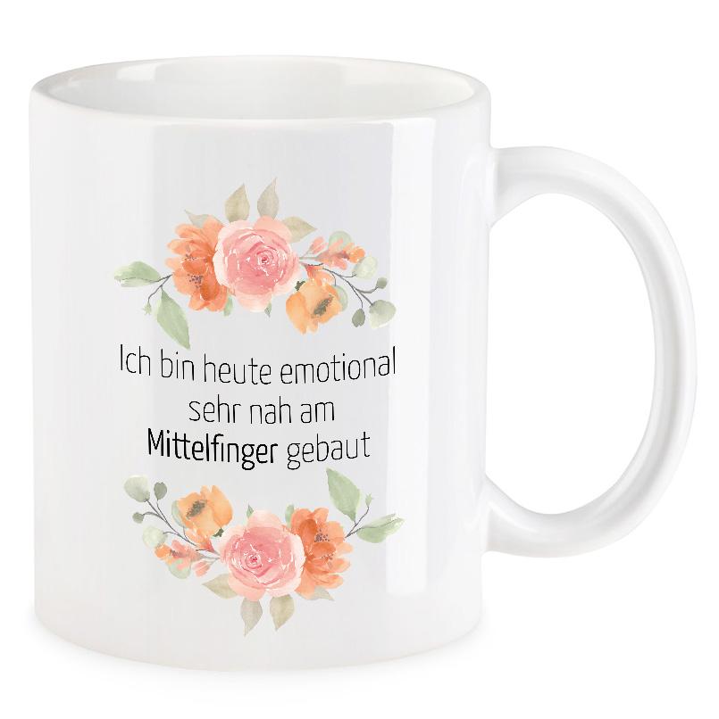 VIP-LASER Kaffee-Tasse Blütendekor mit witzigem Spruch | Ich bin heute emotional sehr nah am Mittelfinger gebaut