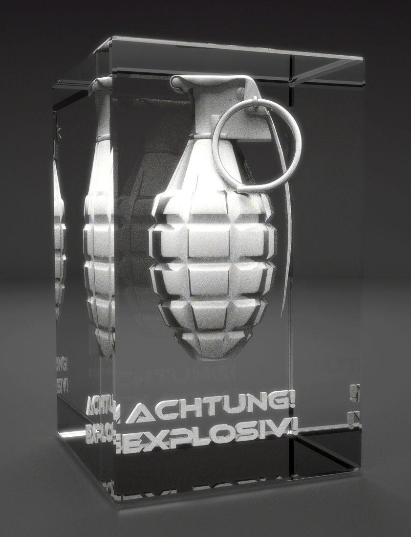 VIP-LASER I 3D Glaskristall    Handgranate I Gravur : Achtung Explosiv