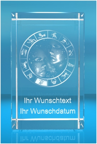 3D Glasquader   Motiv: Sternzeichen Zwillinge + Wunschtext