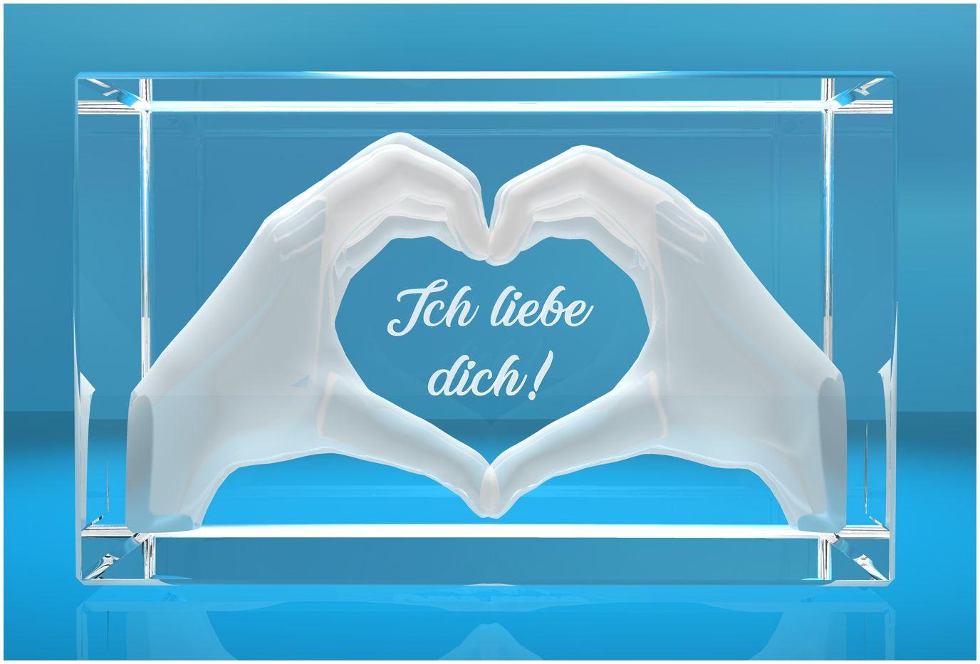 3D Glasquader I Herz aus Händen mit Gravur I Text: Ich liebe Dich!