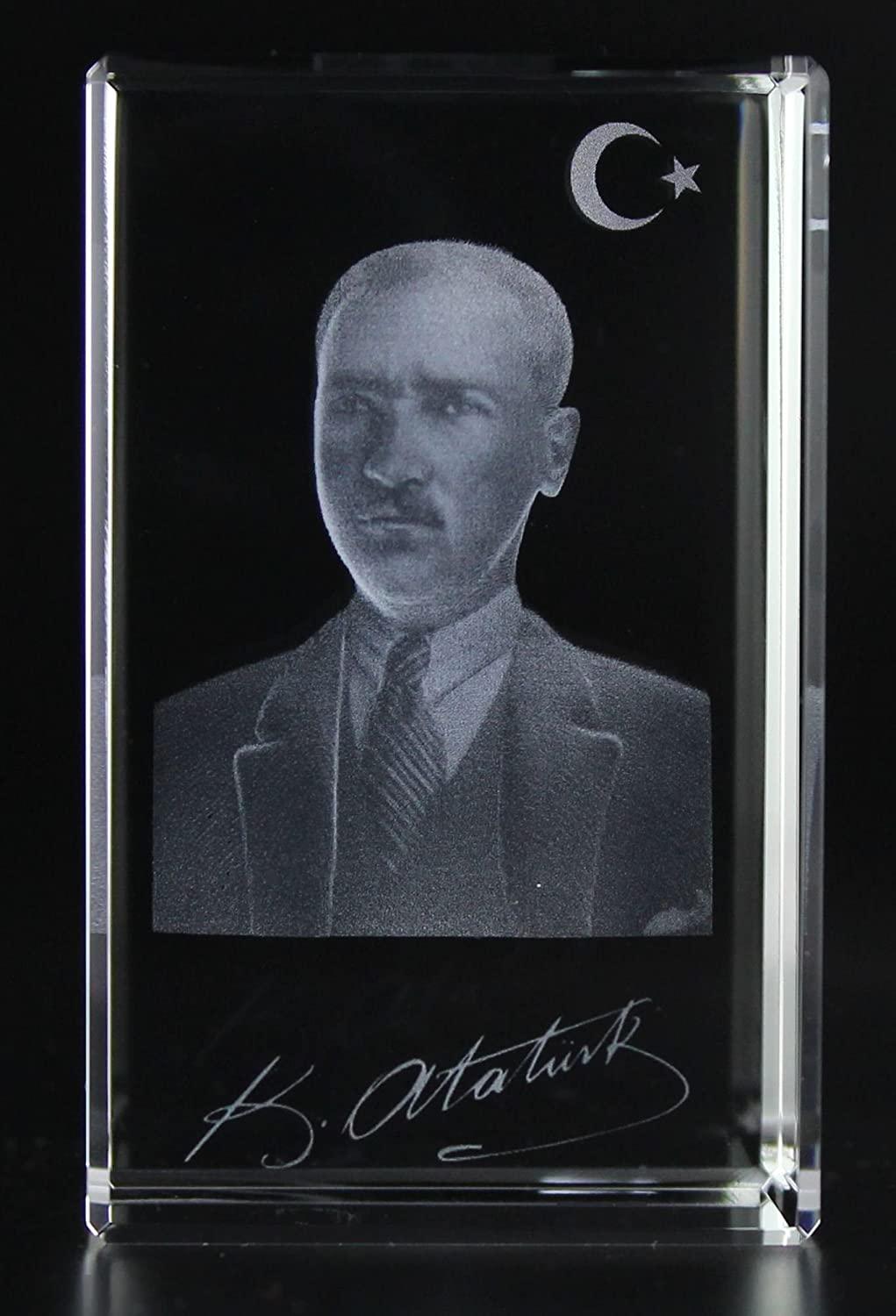 3D Glas Kristall Autogramm Mustafa Kemal Atatürk (XL = 80x50x50mm)